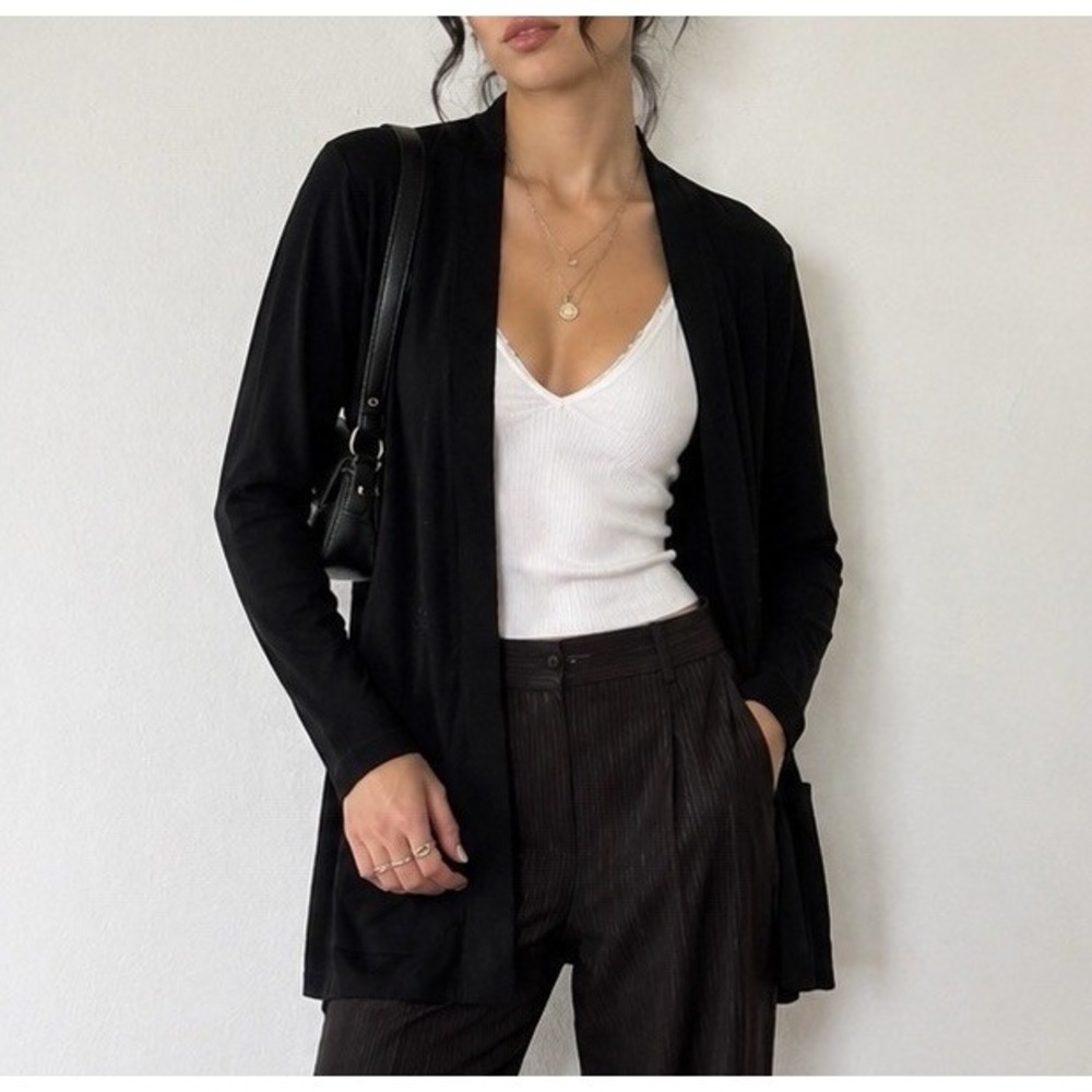 Misook Black Open Front Cardigan Women XL Slinky Knit Stretch Minimalist Career
